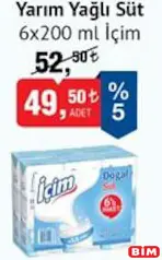 İÇİM YARIM YAĞLI SÜT 6X200 ML